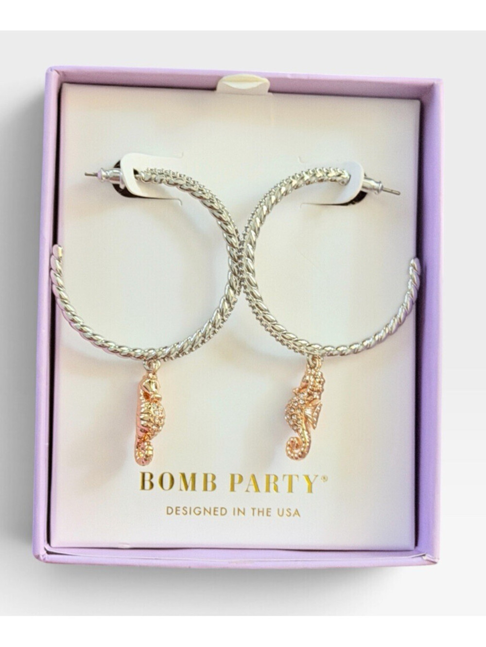 Bomb Party Atlantis Earrings “Seahorse Glamour” RBP5988 Silver & Rose Gold HTF